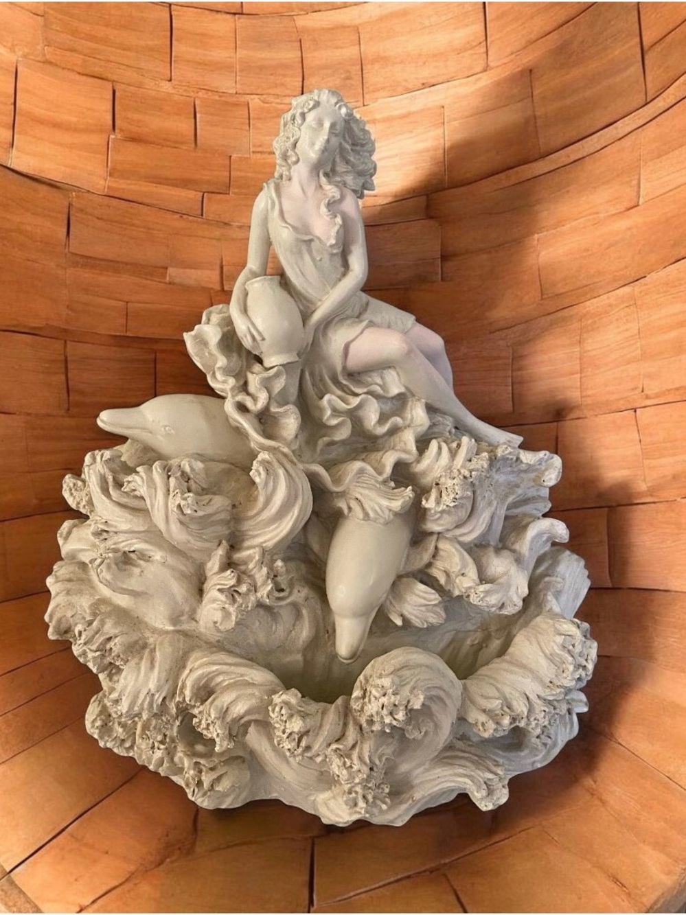 Miniature Musical World White &Pink Girl and Dolphin Resin Fountain Sculpture